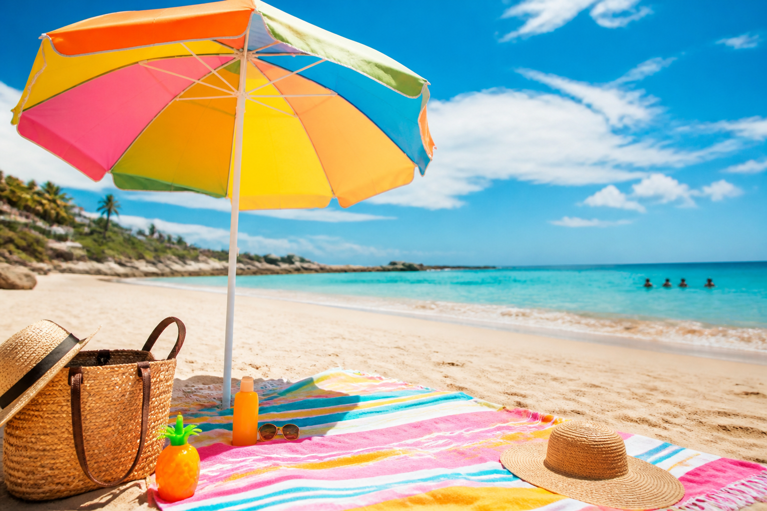 Fun lighthearted beach day with colorful umbrella and summer mood