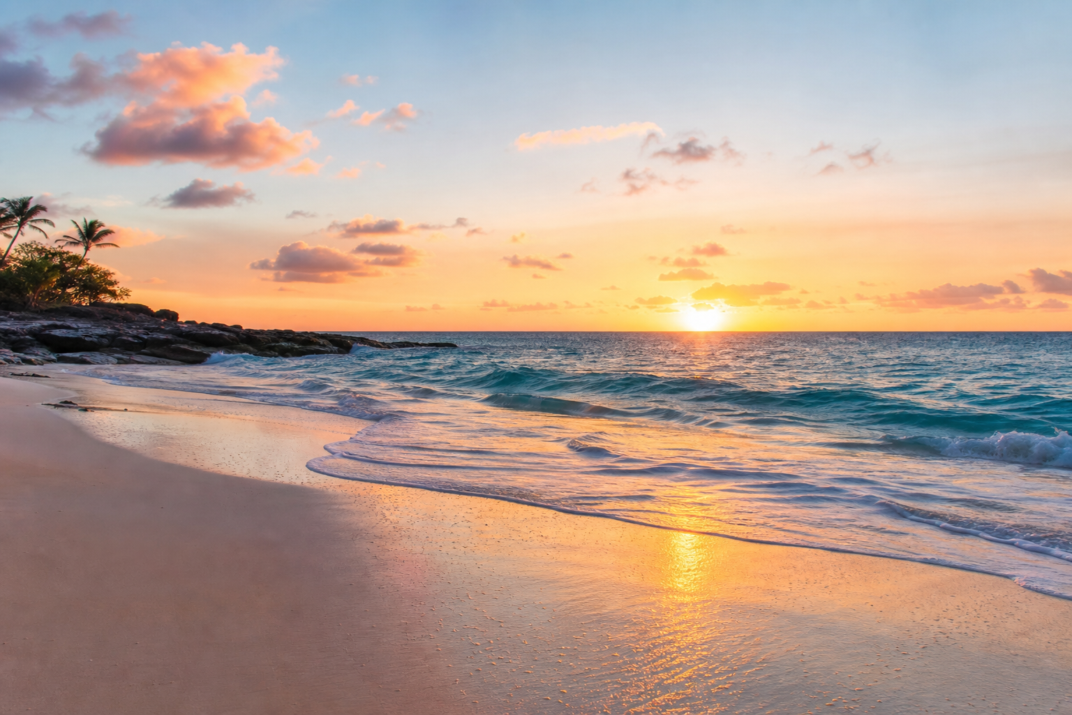 Inspirational beach scene with open horizon and soft sunrise light