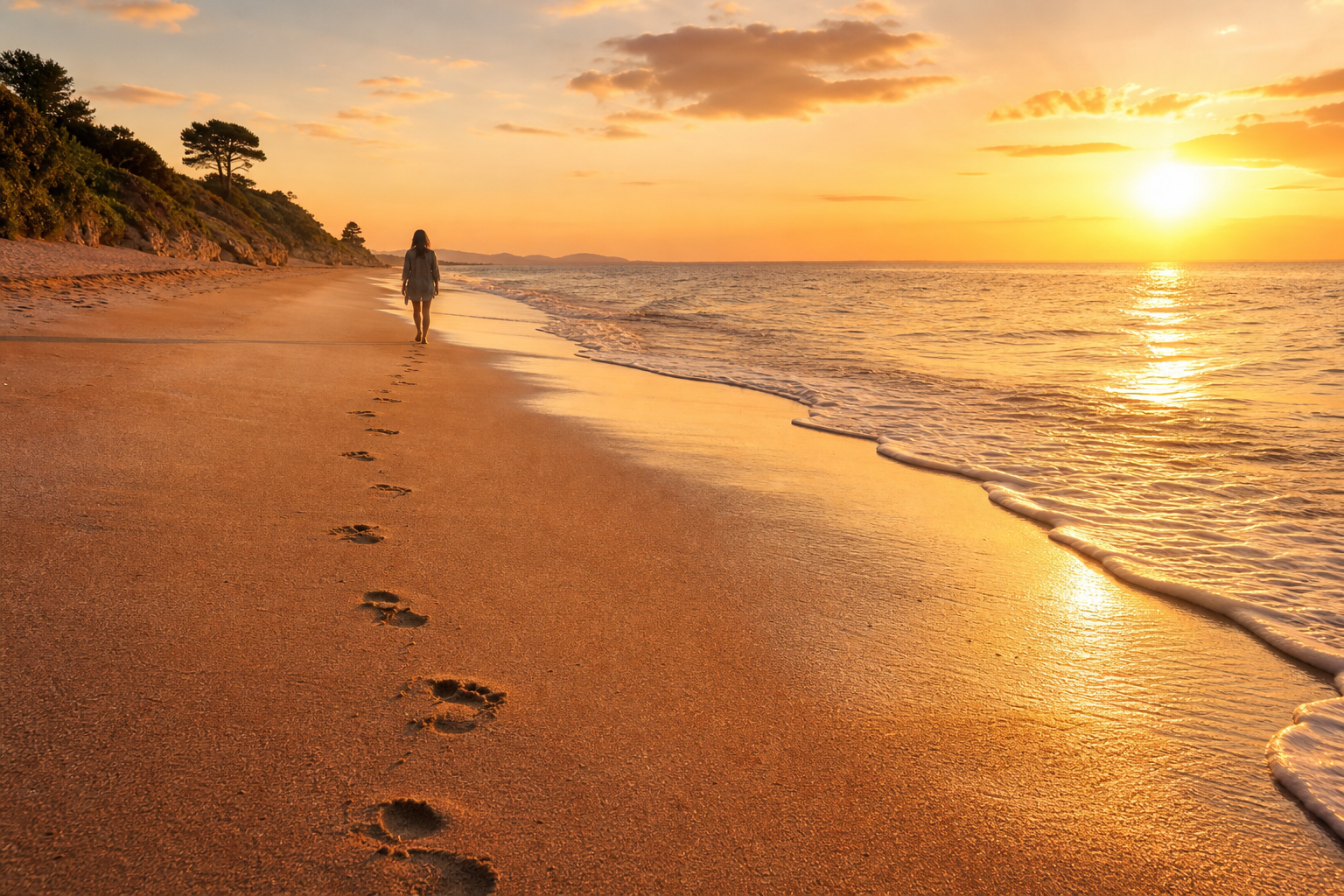 Sandy shoreline with gentle waves at golden hour